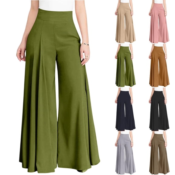 High Waist Wide Leg Dress Pants for Women Front Pleated Smooth Drapey Pants Flowy Loose Fit Business Casual Vacation Plus Size Bottoms , #02 Army Green, 3XL