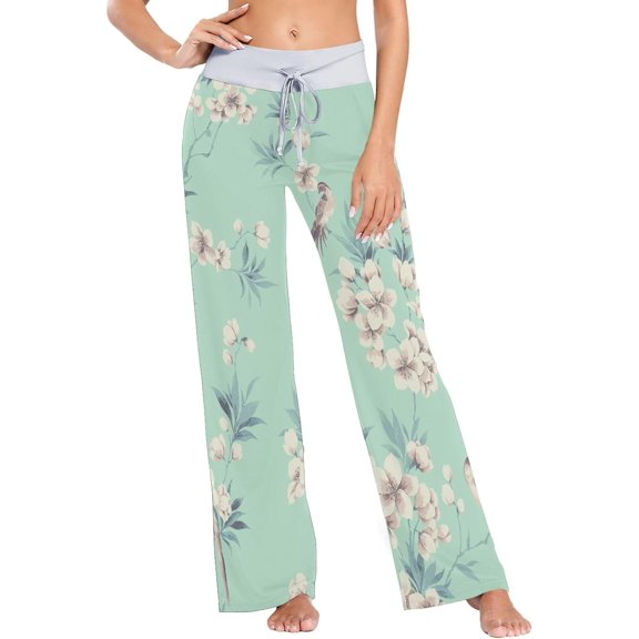 Women's Pajama Pants Green Flowers and Birds Comfy Stretch Sleepwear Essentials womens Lightweight Lounge Terry Pajama Pant, Medium