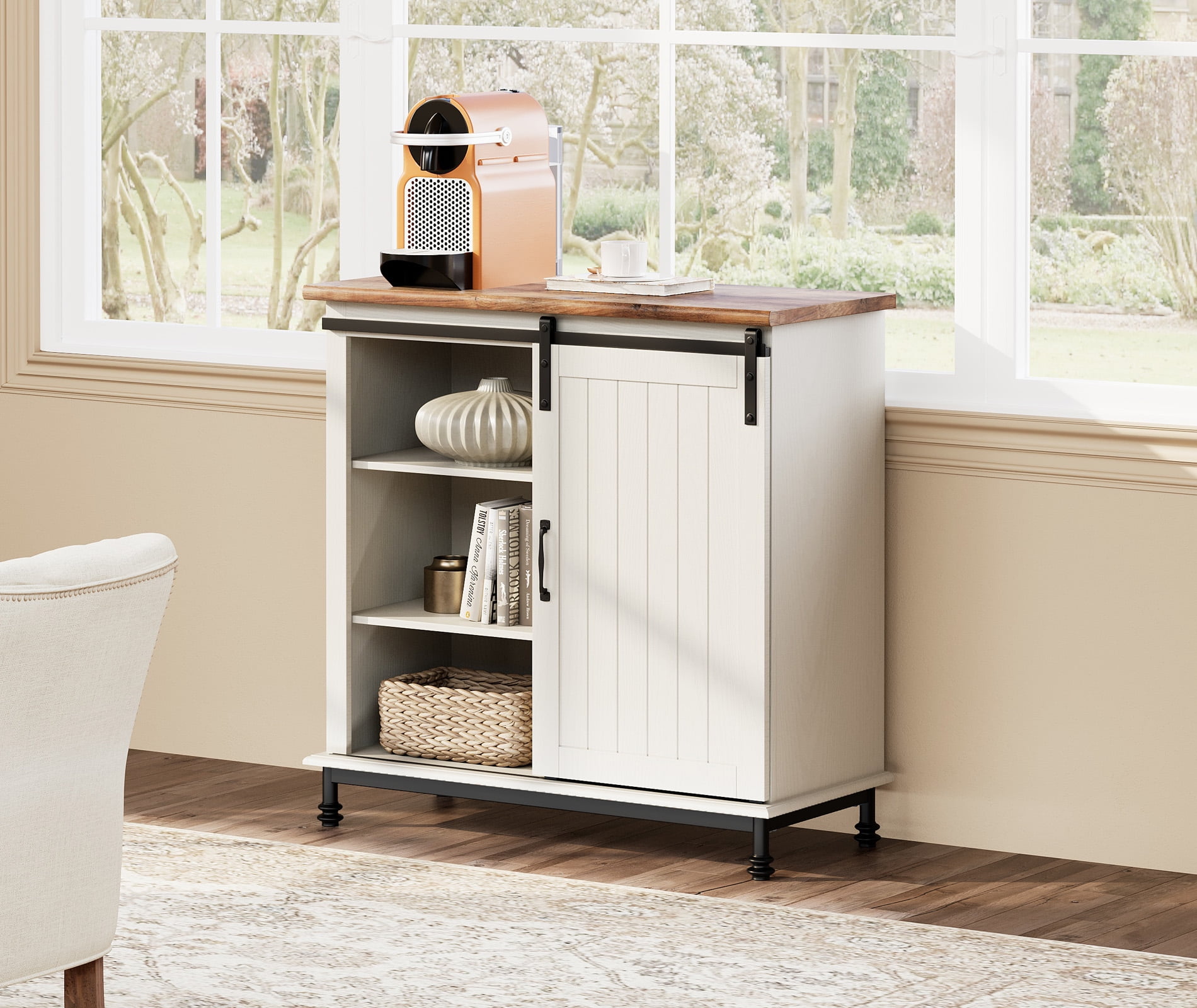WAMPAT Sideboard Buffet Cabinets, Wood Coffee Bar Tables Sliding Barn Door, Accent Cabinet Storage Table, Cabinets for Dining Room, Living Room,White