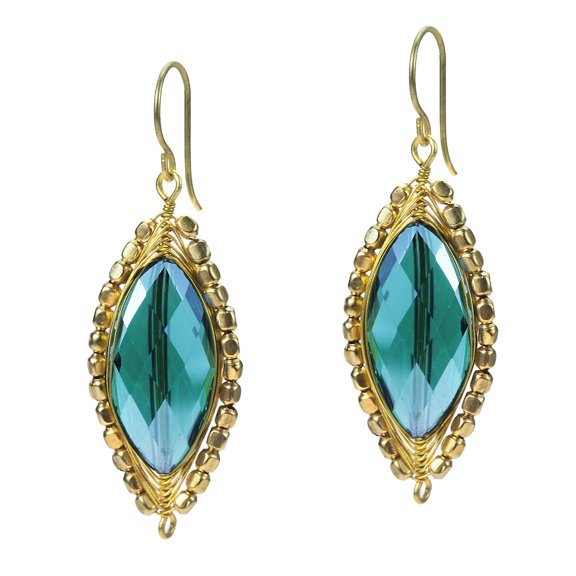 Glitzy Oval Green Crystal Dangle Double Sided Brass Earrings