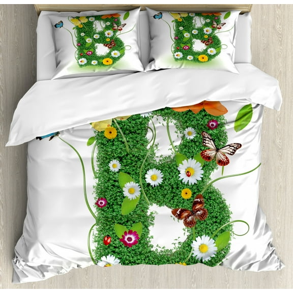 Letter B Queen Size Duvet Cover Set, Uppercase B Sign with Flourishing Daisies Exotic Garden Plants Butterflies Fresh, Decorative 3 Piece Bedding Set with 2 Pillow Shams, Multicolor, by Ambesonne