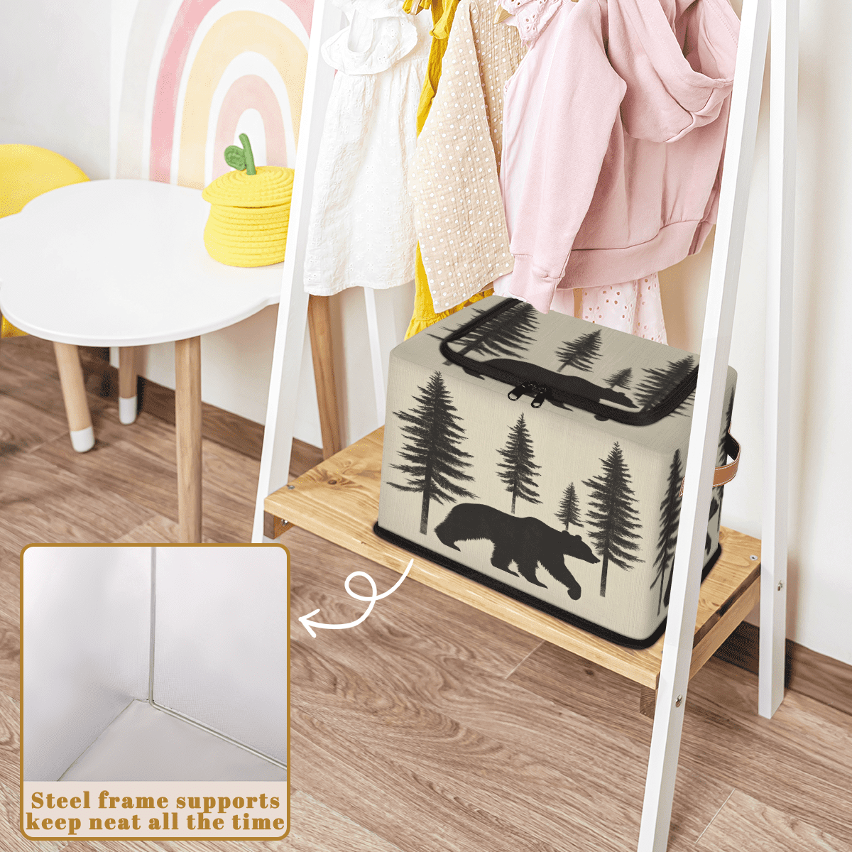 ADECORIVY Tree Bear Fabric Storage Bin with Lid, Decorative Closet Shelf Organizers, Animal Forest Bear Foldable Basket Box Clothes Storage Bin with Handles