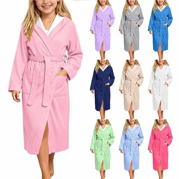 Bovxnpu Boys Girls Robes Hooded Long Sleeve Big Pocket Mid Length Bath Robe Outfits