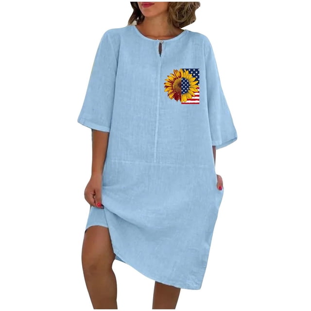 Vestido de Verano para Mujeres Color Sólido Imitación de Lino Cuello Redondo, Manga Corta Estilo Casual para el Uso Diario, Fiesta Y Primavera