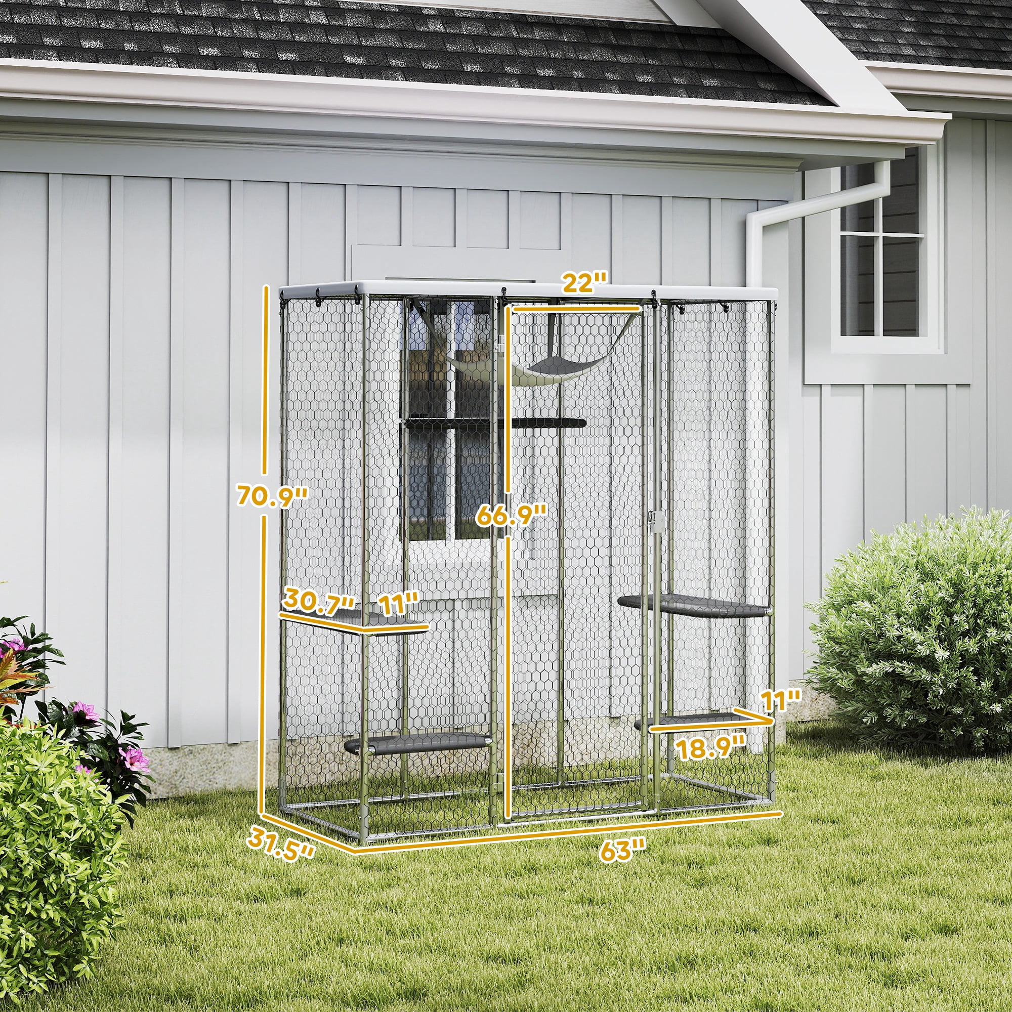 PawHut Large Catio Outdoor Cat Enclosure, Galvanized Steel Walk-in Cat Cage with Waterproof Cover, 5 Adjustable Platforms, Hammock