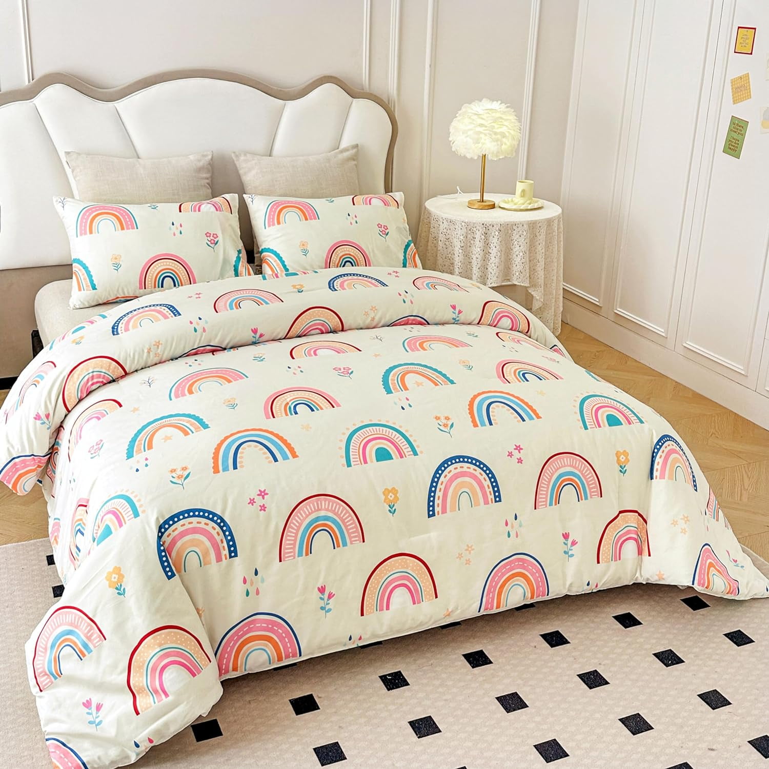 NTBED Rainbow Comforter Set with 2 Pillow Covers Cartoon Love Hearts Flowers and Grass Bedding Set for Girls Boys Kids Full Multi-Color 3 Pcs