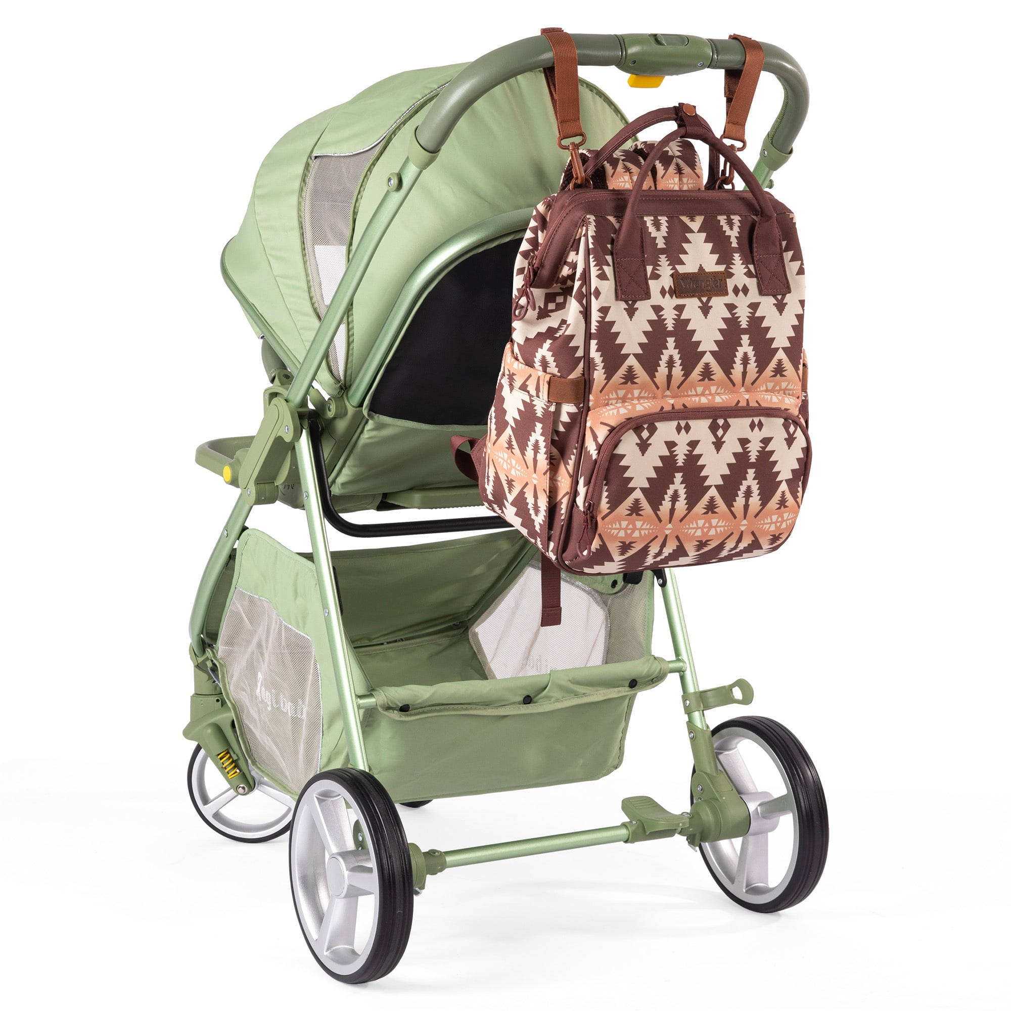 Wrangler Aztec Travel Backpack Baby Bag for Women with Stroller Strap and Side Bottle Pockets Organized Diaper Bag, Brown