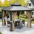 thumbnail image 5 of Dextrus 10x10ft Outdoor Hardtop Gazebo with Nettings & Brown Curtains, Heavy Duty Double Roof  Aluminum Frame Canopy for Garden, Patio, Lawns, Black&Brown, 5 of 10