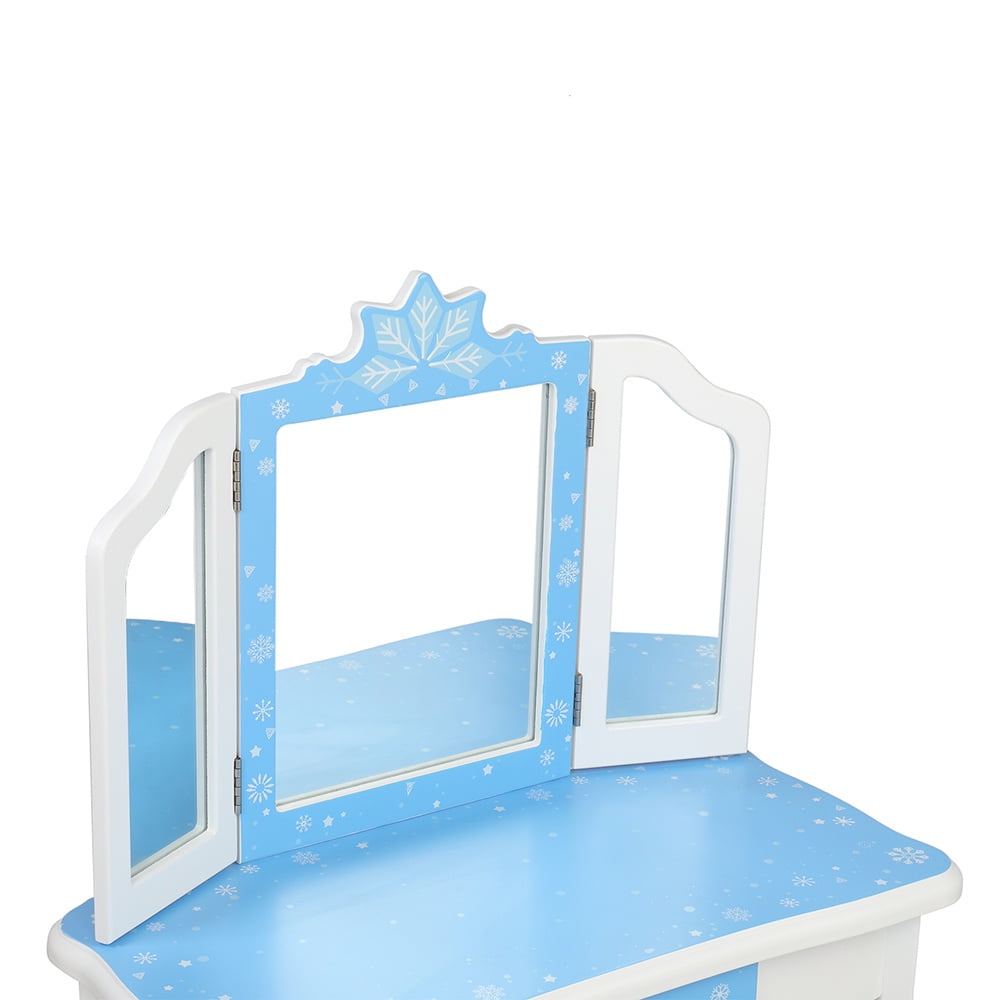 Paproos Kids Vanity with Mirrors and Stool, Pretend Play Kids Vanity Set with Tri-folding Mirror, Drawer, Wood Princess Makeup Vanity Desk, Toddler Vanity Dressing Table for Little Girls 3+, Blue