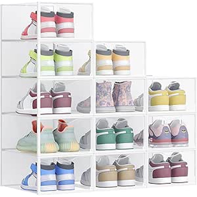 Cajas para Zapatos, Organizador de Zapatos de Plástico, Juego de 12, para Zapatos hasta 43, Transparente y Blanco Nube
