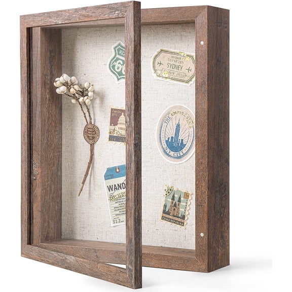 EnjinZZ 8x10 Shadow Box Frame with Linen Back - Sturdy Memory Display Case of Flower, Pictures, Medals and More, Rustic Brown