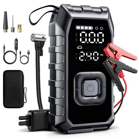 Jump Starter with Air Compressor, 6000A Battery Jump Starter (for All Gas or Up to 10L Diesel), 180PSI Digital Tire Inflator with Emergency Light