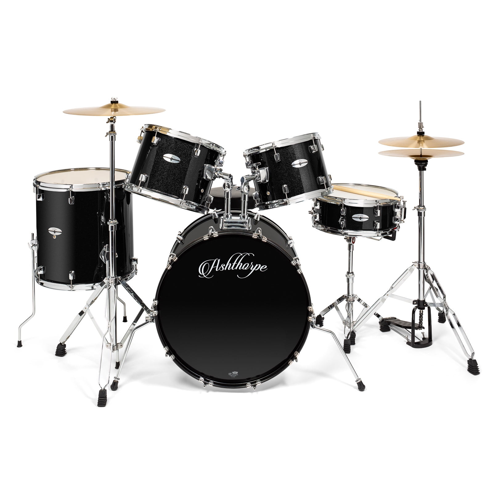 Ashthorpe 5-Piece Full-Size Adult Drum Set with Remo Drumheads & Premium Brass Cymbals - Black