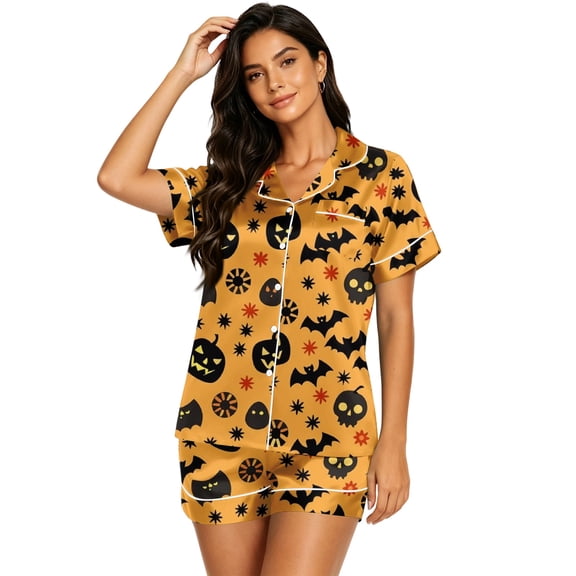 IYYVV Halloween Pajamas Women 2 Piece Horror Spooky Ghost Print Shirts And Shorts Silk Pajama Sets Sleepwear Lounge Sets Yellow 4XL