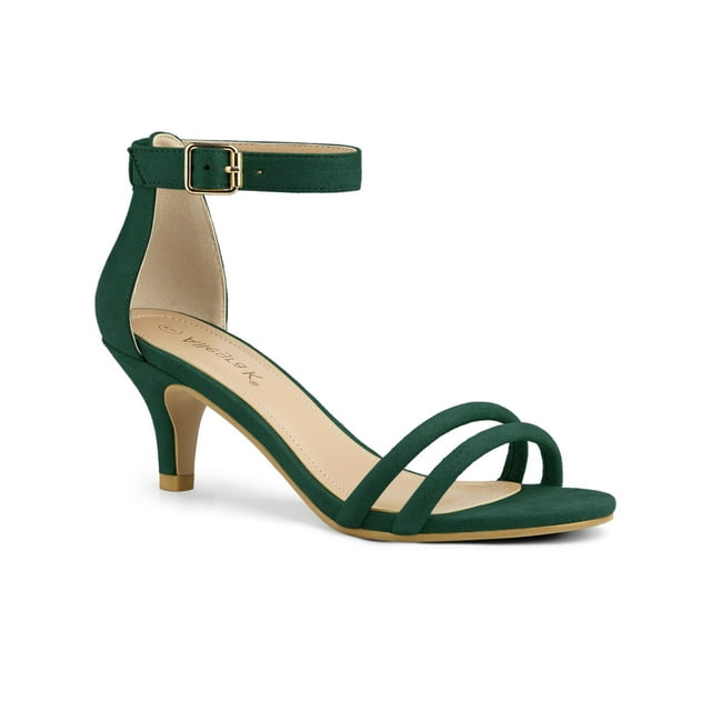 BLISSFUL STEP Sandales pour Femmes en Faux Suède à Bride à la Cheville à Talon Kitten à Enfiler à Brides Unies Vert 8.5
