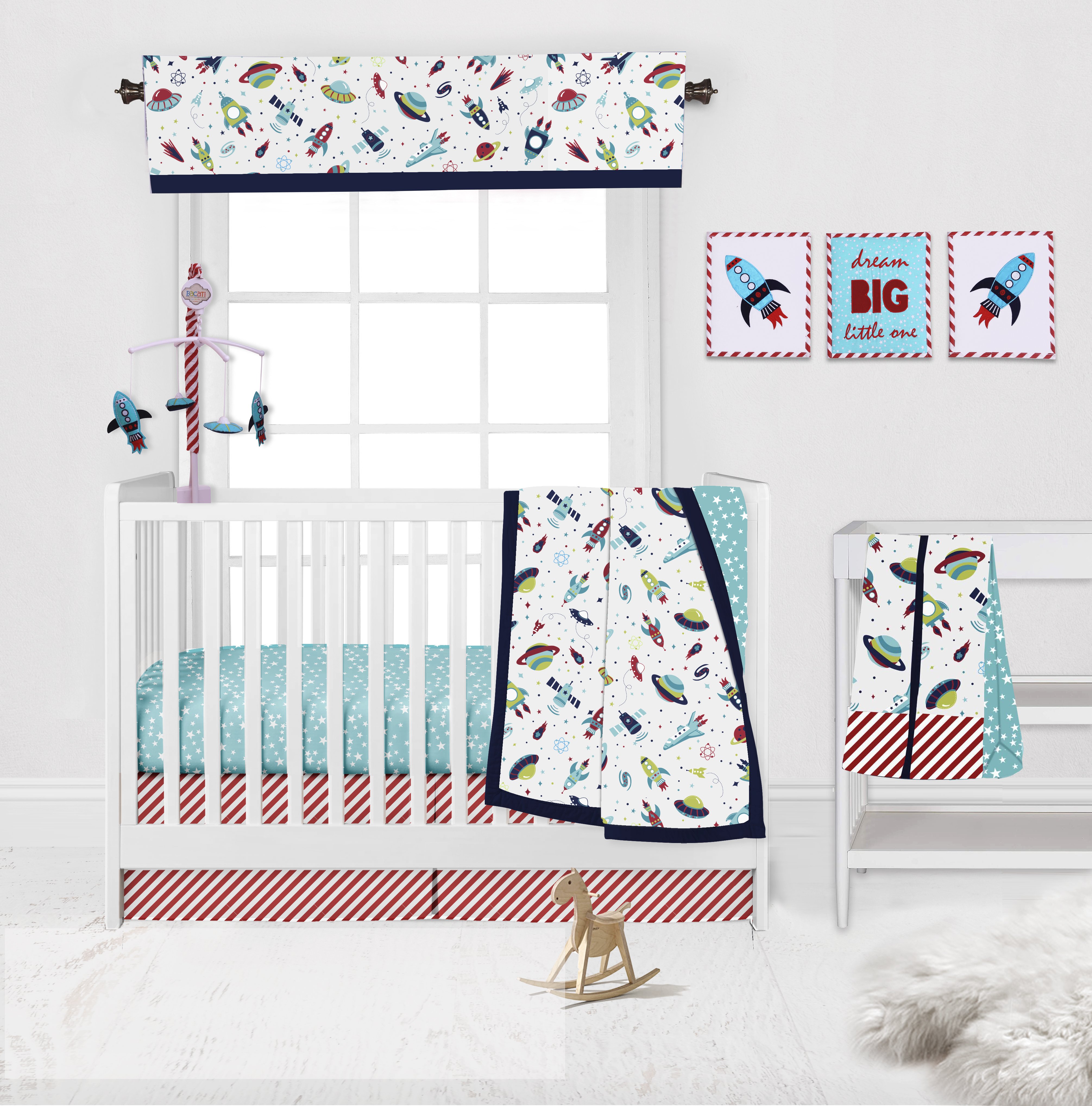 Bacati - Airspace Aqua/Red/Orange/Green/Navy Musical Baby Crib Mobile