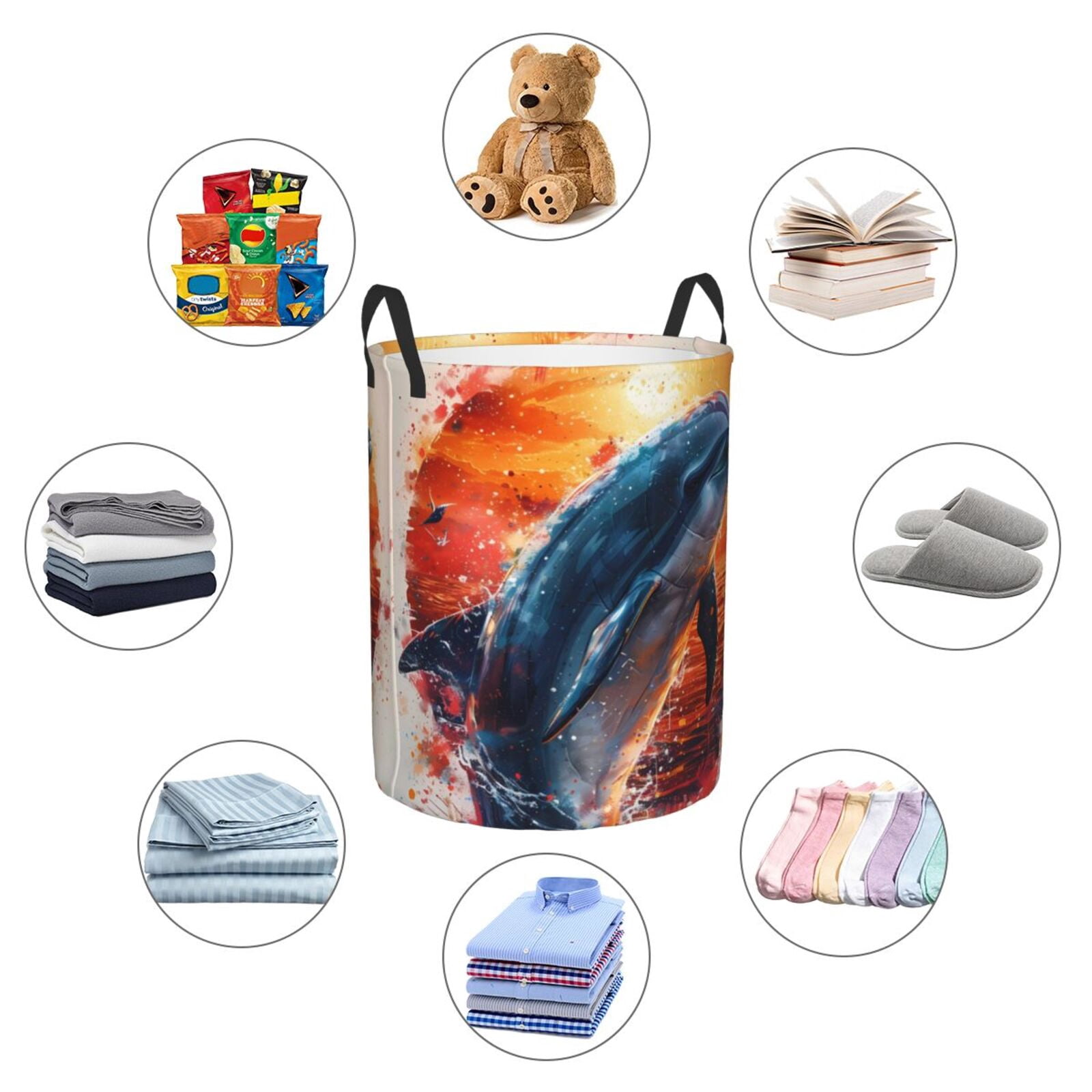 Large Laundry Basket with Handles - Sunset Ocean Watercolor Dolphin Kids Baby Dirty Clothes Laundry Hamper for Bedroom Aesthetic