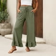 thumbnail image 3 of Palazzo Pants for Women 2026 Trendy Elastic Waist Wide Straight Leg Ruffle Hem Cropped Flowy Beach Pants with Pockets, 3 of 6