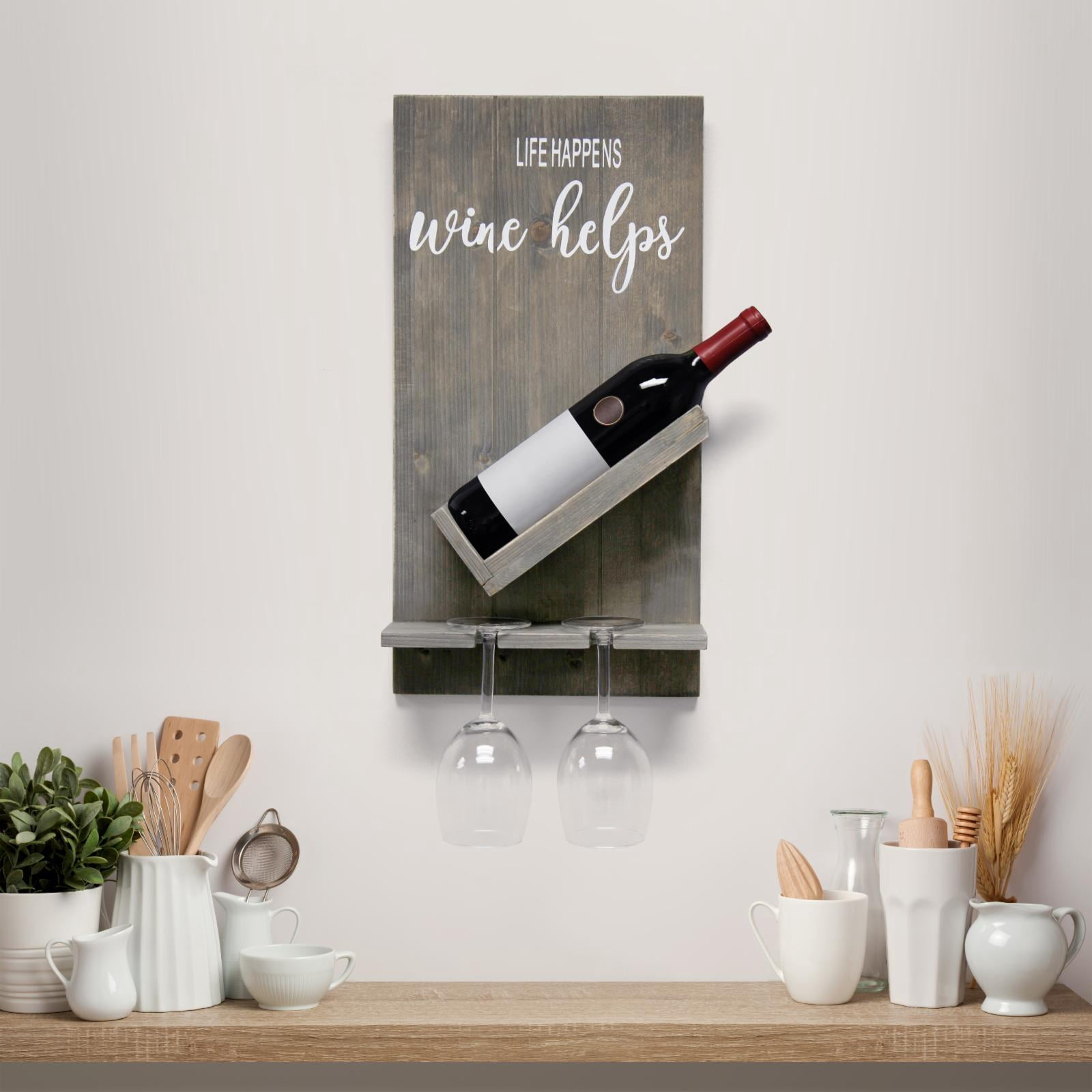 Elegant Designs 20" Lucca Wooden Wall Mounted Wine Bottle & Glass Shelf, "Life Happens Wine Helps", Restored Wood