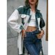 thumbnail image 2 of Chaqueta de mujer de manga larga con cuello vuelto y botones de una sola fila, abrigo a cuadros de retales de lana, cuadros verdes S, 2 of 6