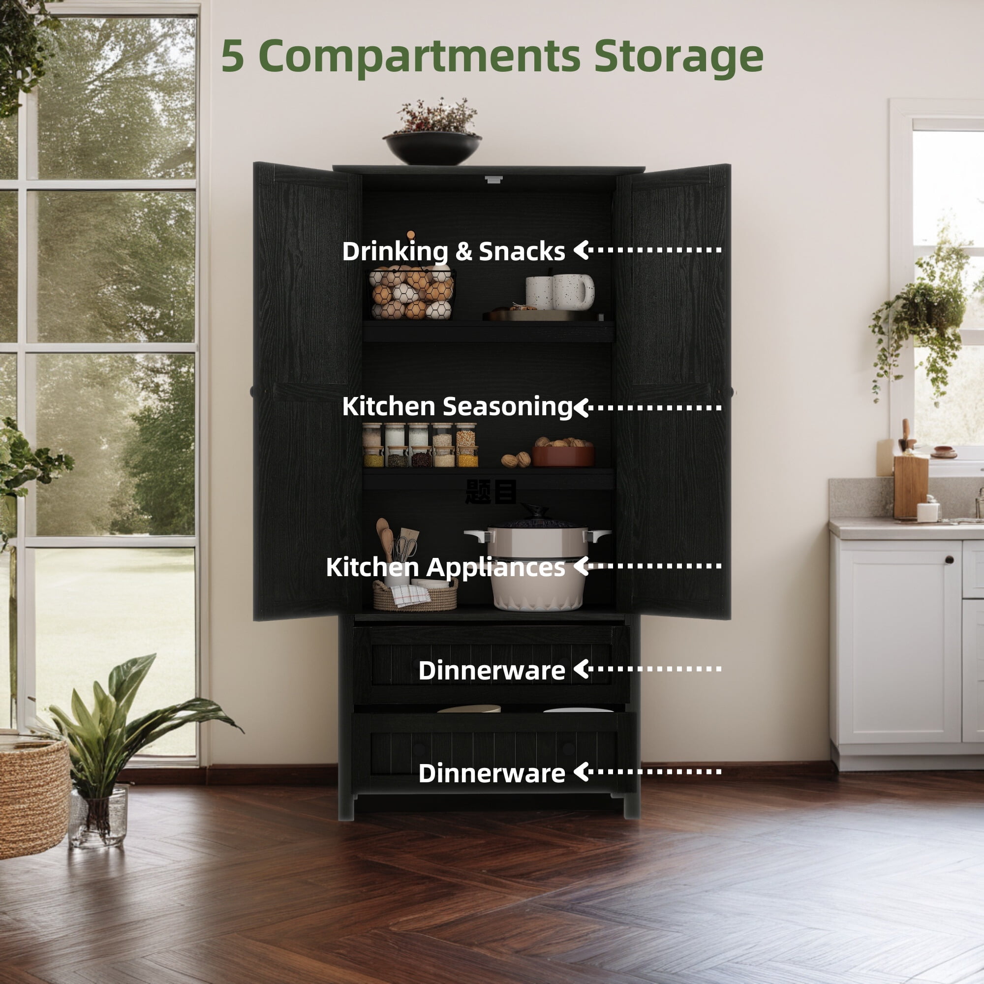 Uforic Kitchen Pantry Storage Cabinet with Drawers & Shelves, Farmhouse Kitchen Furniture, Black