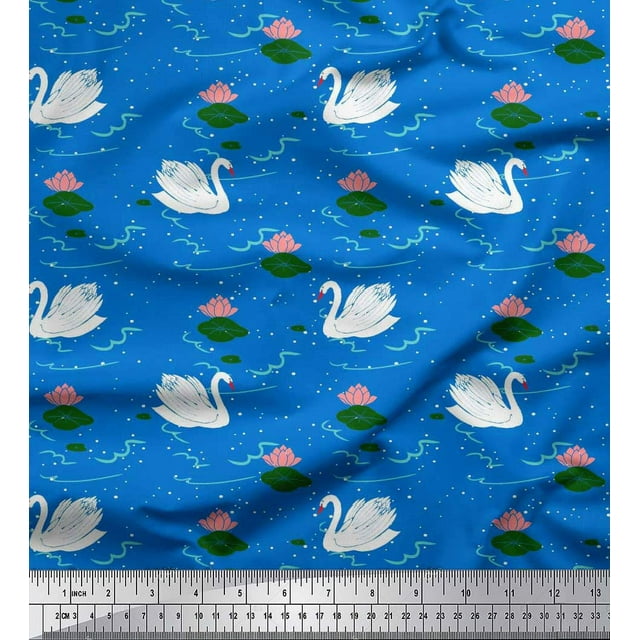 Soimoi Blue Rayon Fabric Leaves,Lotus & Swan Bird Print Fabric by Yard 42 Inch Wide