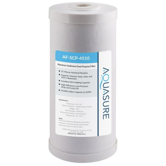 Aquasure Fortitude V Series 25 Micron Dual-Purpose Sediment and GAC Carbon Mesh Replacement Water Filter, Universal 10" x 4.5" Fit (AF-SCP-4510)