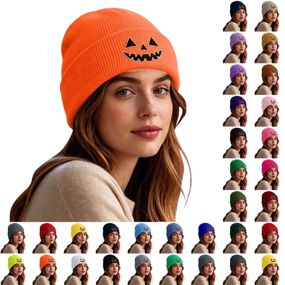 PureCasa Beanies Hat for Women Halloween Pumpkin Embroidered Knitted Beanie Hat Winter Thick Warm Soft Cute Hat for Halloween