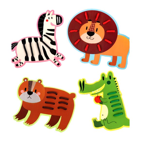 Juguete educativo para enhebrar y atar cordones para niños y niñas. Desarrolla la paciencia. Patrón animal