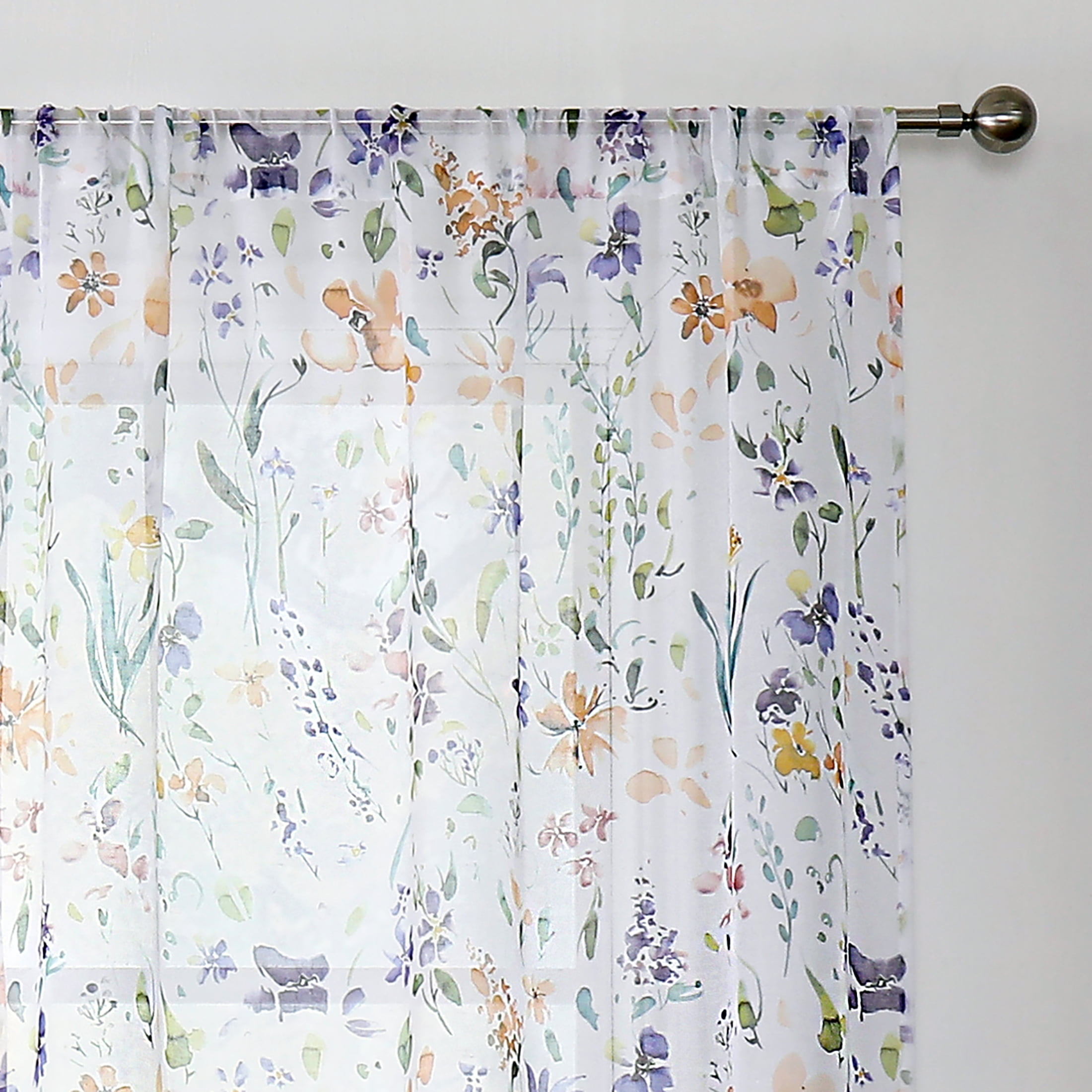 Fragrantex Traditional Purple Floral Rod Pocket Sheer Curtains, 40" x 95" (2 Panels)