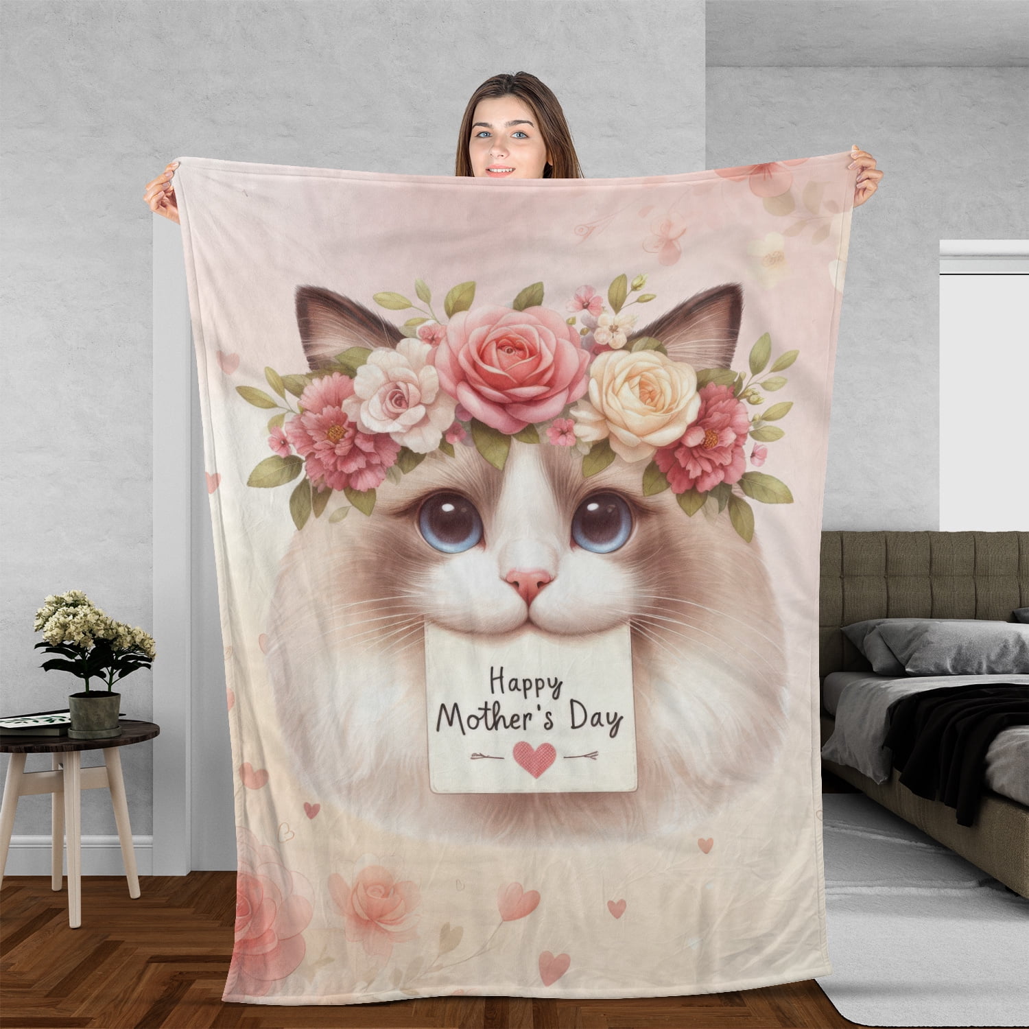 Happy Mother's Day Ragdoll with Flower Crown and Greeting Card Cozy Fleece Blanket Cat Lover Kitten Owner Gifts Idea Warm Soft Throw Blanket - 13004