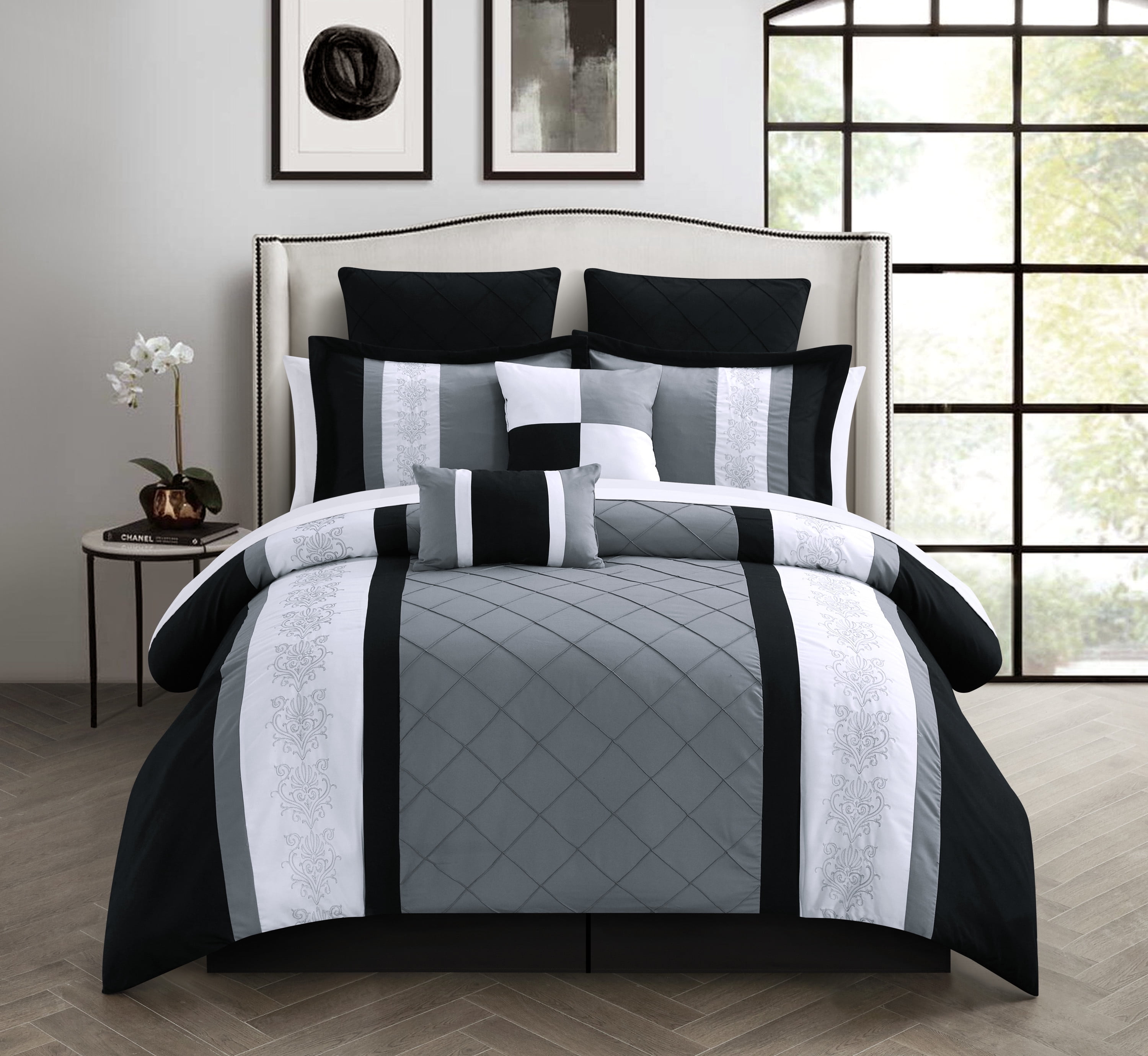 Chic Home Arlington 8Piece Embroidered Comforter Set, Queen, Black