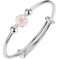 Women 925 Sterling Silver Bangle Pink Flower Decoration Bracelets Ladies Lucky Bead Bracelet Elegant Bangle for Valentine Mothers Day Gift