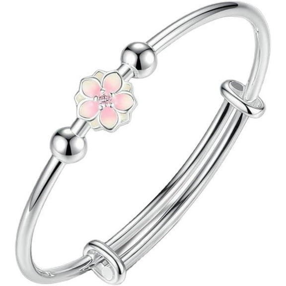 Women 925 Sterling Silver Bangle Pink Flower Decoration Bracelets Ladies Lucky Bead Bracelet Elegant Bangle for Valentine Mothers Day Gift