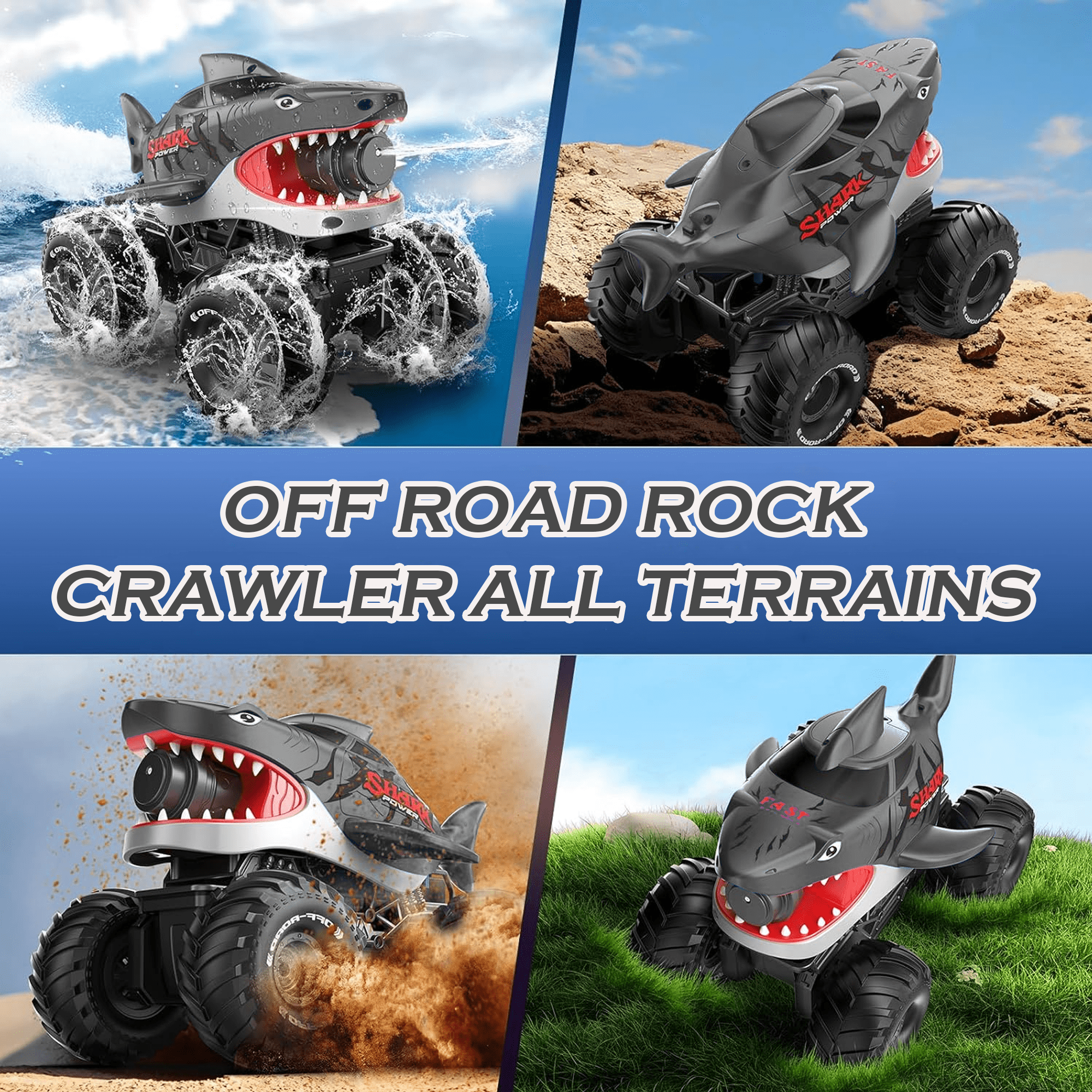 Richgv Remote Control Car Amphibious RC Shark Truck with Water Squirt, Waterproof All Terrain Off-Road Monster Truck, Kids Pool Toy Gift for Boy Girl Age 6+
