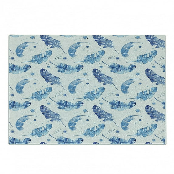 Feather Cutting Board, Watercolor Quill Design with Splashes and Stains Brush Strokes Effect, Decorative Tempered Glass Cutting and Serving Board, Small Size, Pale Blue and White, by Ambesonne