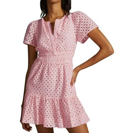 Women s Summer Hollow Out Lace Dress  Pleated Short Sleeve Dresse Pink S