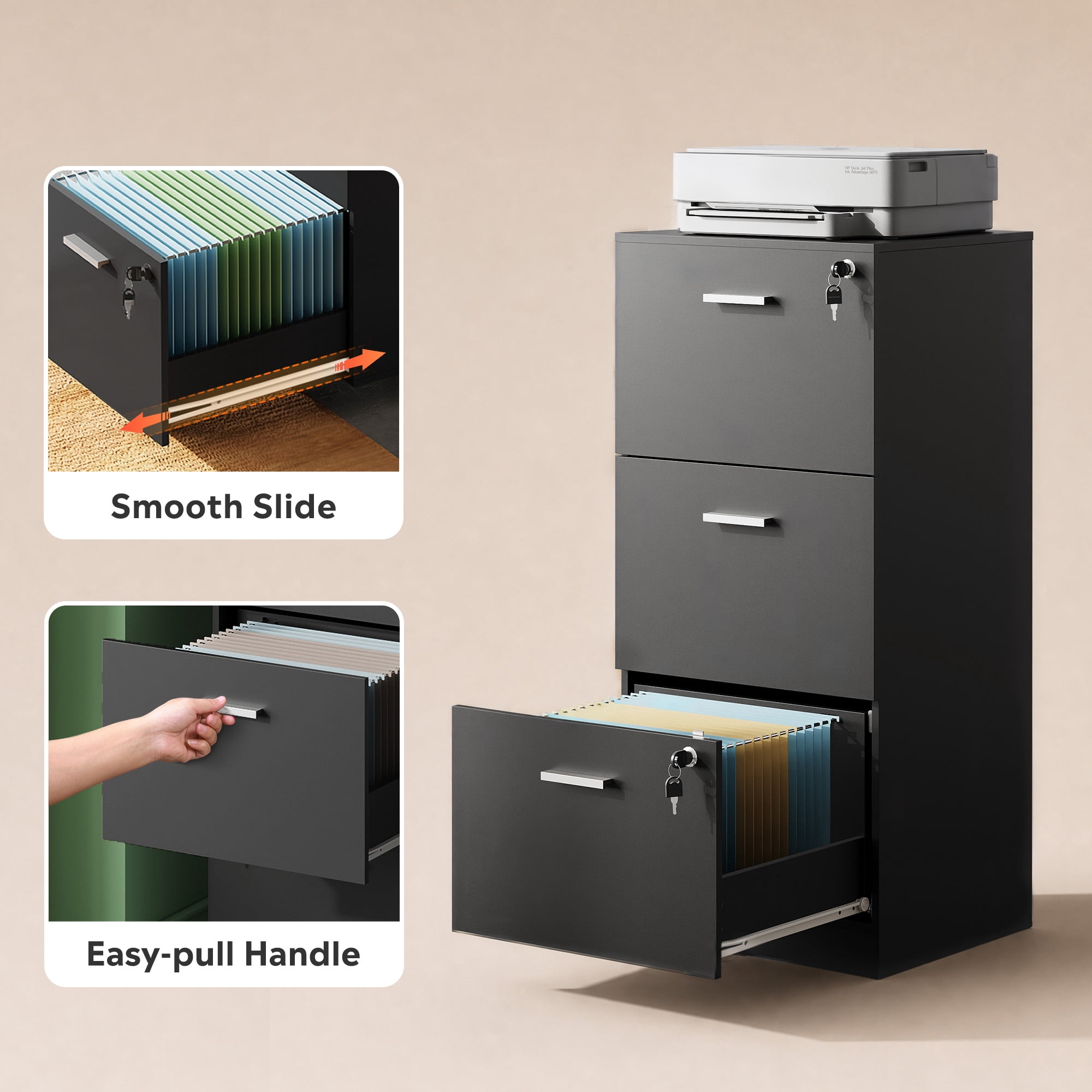 GALAXHERO 3 Drawers File Cabinets, Wood Vertical Filing Cabinet with Lock for Home Office, Letter/A4 Size, Black