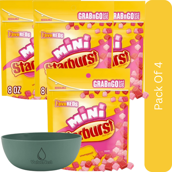 Starburst FaveREDS Minis Fruit Chewy Candy Grab N Go, 8 oz Bag-4pk, With Olive Green Bowl By ValueNest