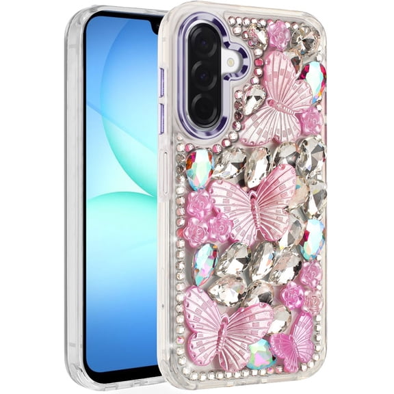 For Samsung A17 5G Lavished Floral Butterfly Bling Stones Hybrid Case - Purple