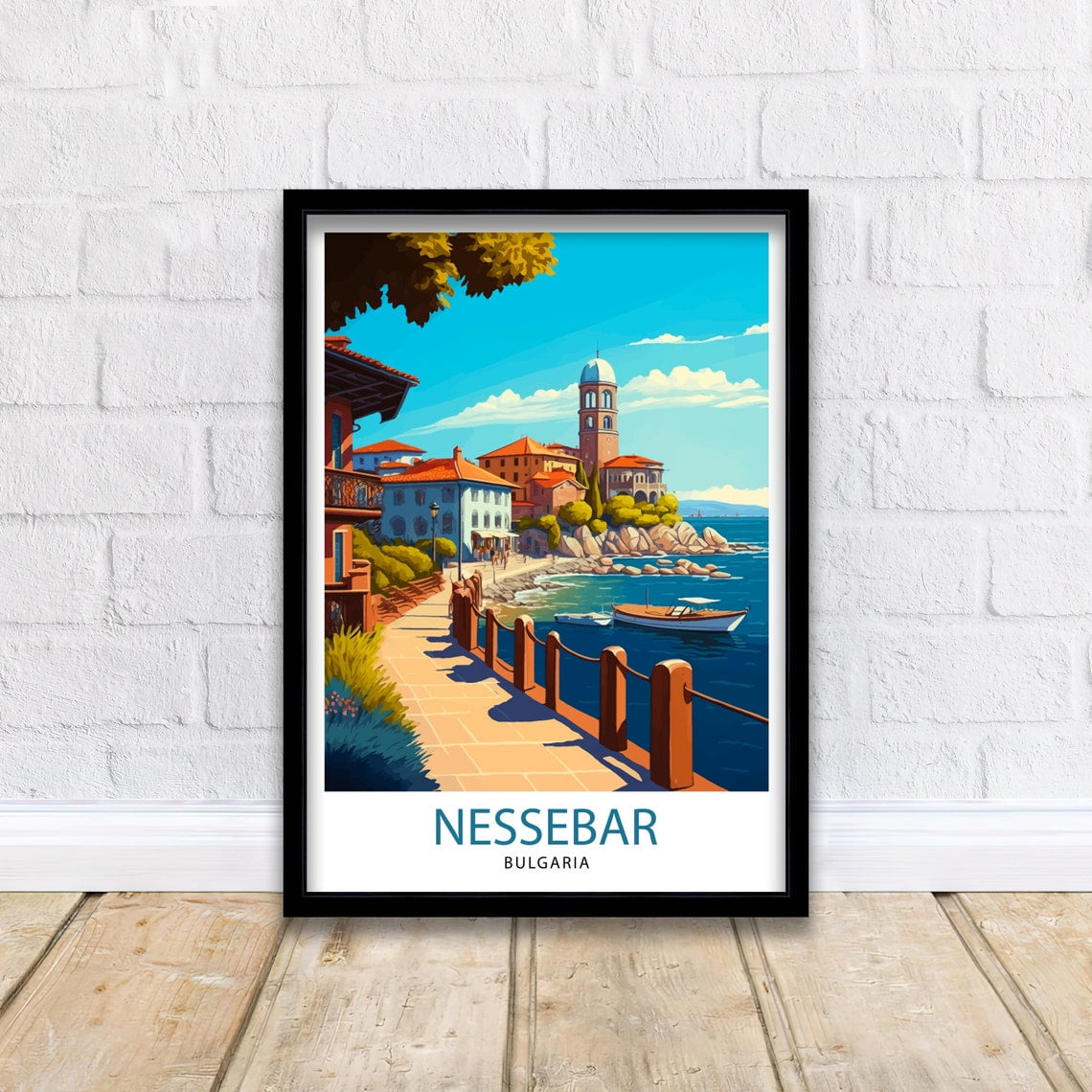 Nessebar Bulgaria Travel Poster, Coastal Illustration Art Print, Poster Only