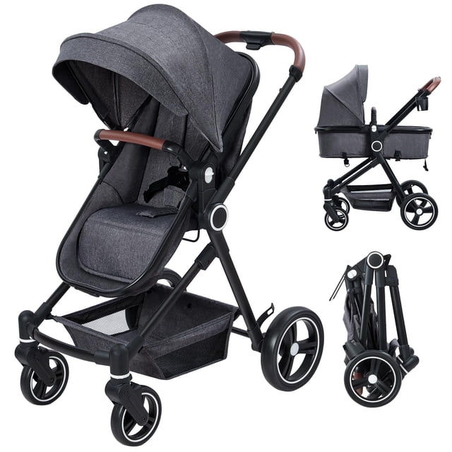 GAOMON Double Stroller Track Tandem Stroller for Infant and Toddler, Foldable Pushchair Bassinet Pram, Multi-Position Reversible & Adjustable Backrest, Large Storage Basket and Canopy, Gray