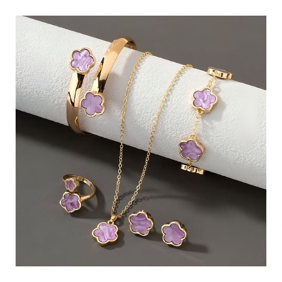 DESIGNICE 5Pcs/Set Women Jewelry Set Lucky Flower Decor Sparkling Rhinestones Necklace Bracelet Bangle Earrings Ring Set Fashion Jewelry
