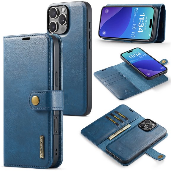 Allytechgroup Wallet Case for iPhone 16 Pro Max with 3 Card Slots & Cash Pocket, 2 in 1 Detachable Strong Magnetic Case, Retro PU Leather Shockproof Magnetic Clasp Slim Protective Shell, Blue