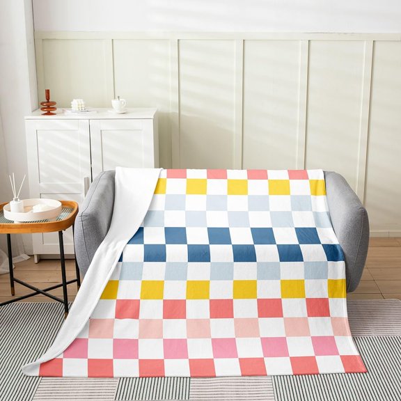 Colorful Checkerboard Throw Blanket for Couch Sofa Bed Fleece Blanket