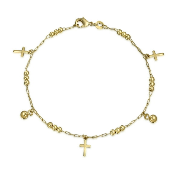 Bling Jewelry Womens Christian Beads Bells Charm Cross Anklet Ankle Bracelet 18K Gold Plated 10 Inch