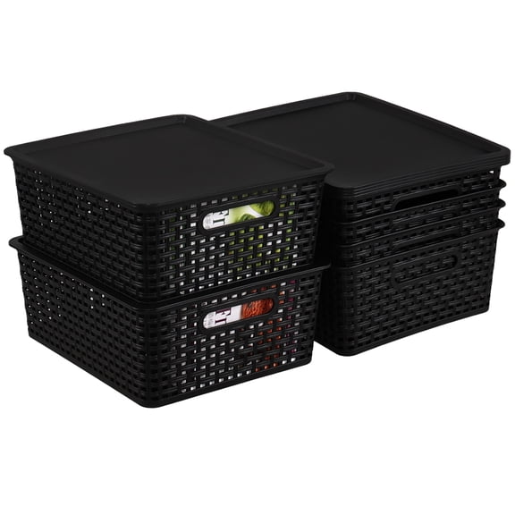 Idotry 6 Pack Large Stackable Storage Baskets with Lids, Plastic Lidded Storage Basket Bins for Shelves Closet Bathroom, 13.86"x 11.42"x 5.24", Black