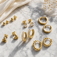 thumbnail image 5 of VEEDOFA 6 Pairs Small Gold Huggie Hoop Earrings for Women, 14K Gold Plated Hypoallergenic Mini Creole Hoops Set with CZ, Pearl & Twisted Design, 5 of 6