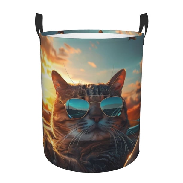 Balery Cool Cat Driving Sunset Cesta de ropa redonda con asas, impermeable, independiente, para ropa, juguetes, dormitorio y familia-Medium