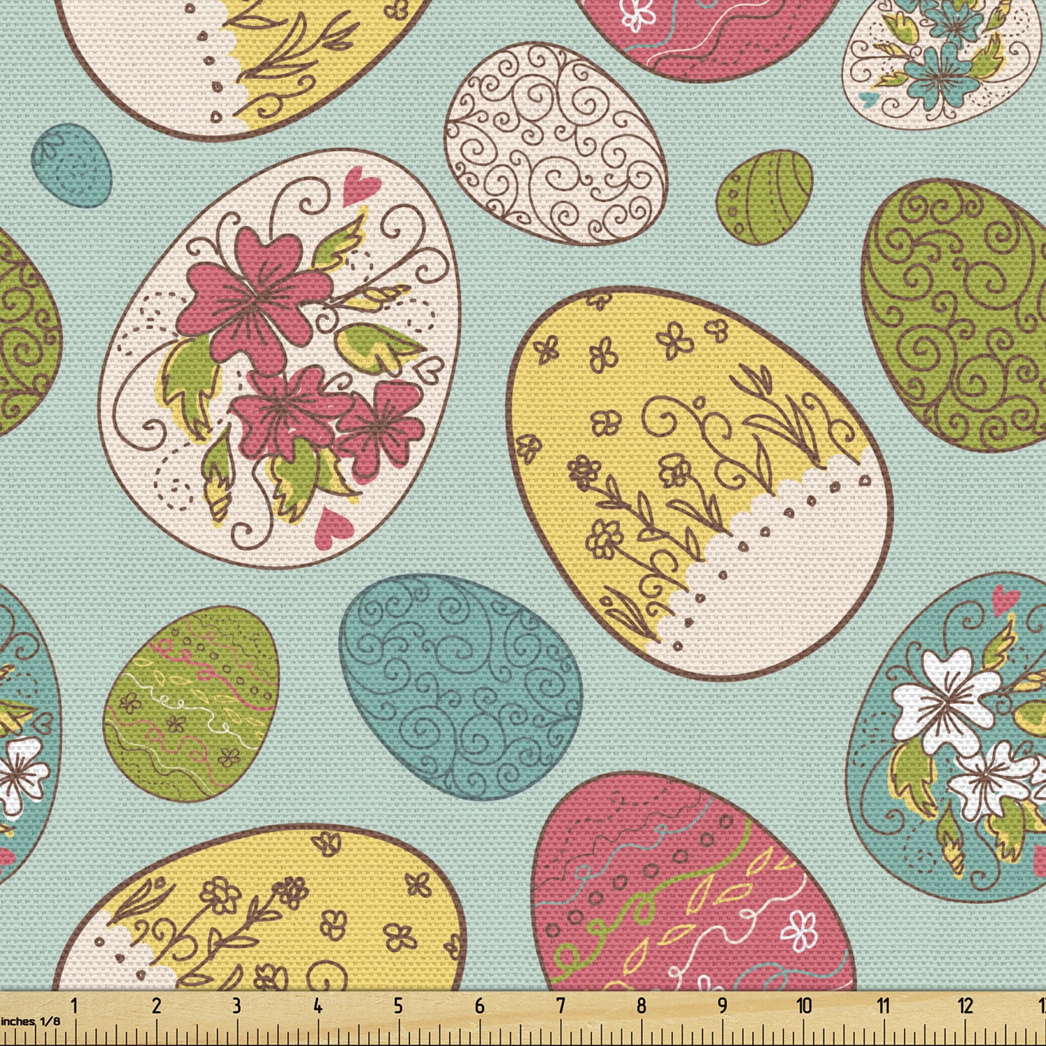 Easter Fabric by the Yard, Pale Blue Backdrop with Curly and Floral Motifs in Doodle Style